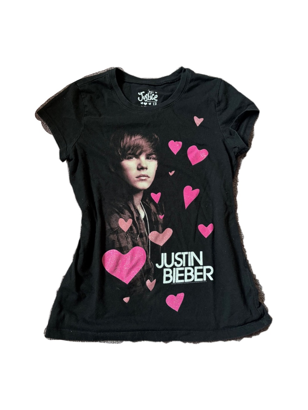 Justice Black Justin Bieber Graphic Tee with Pink Hearts
